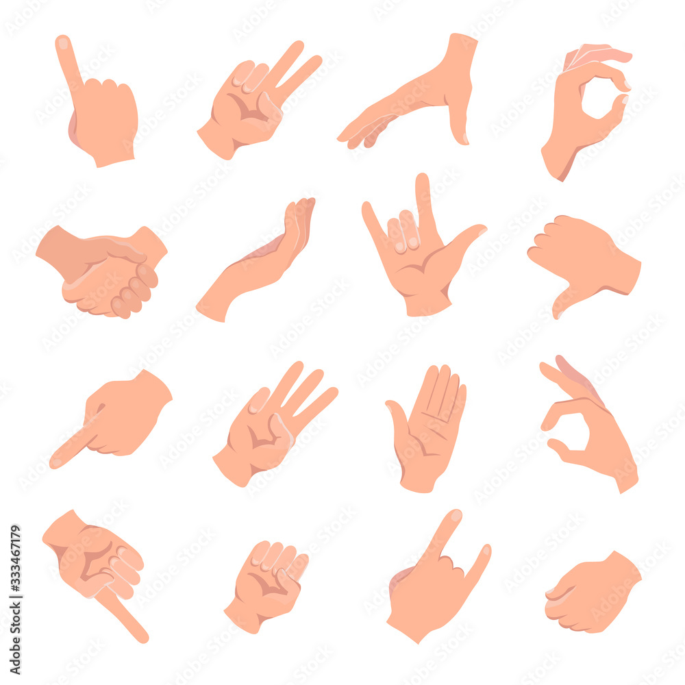 Hands human gestures set. Different human finger gesture signs collection isolated vector illustration