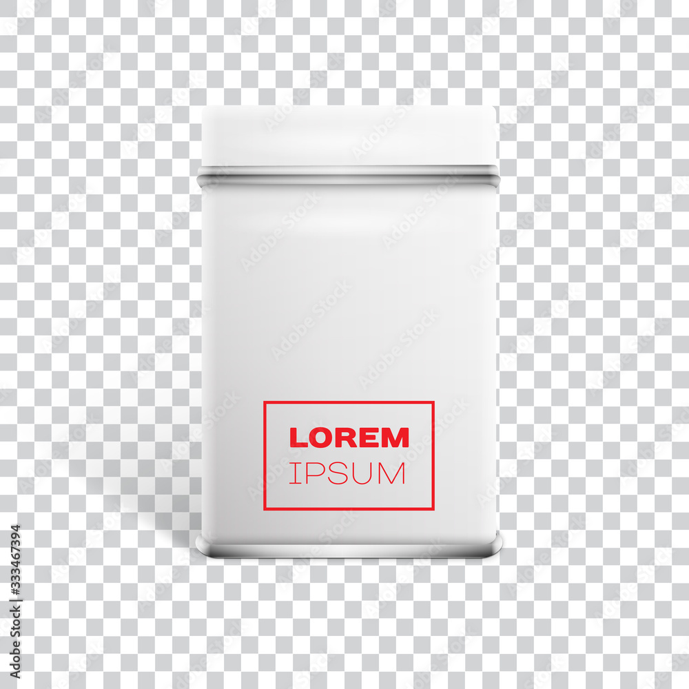 White square tin packaging. Tea, coffee products White square tin packaging. Tea, coffee products