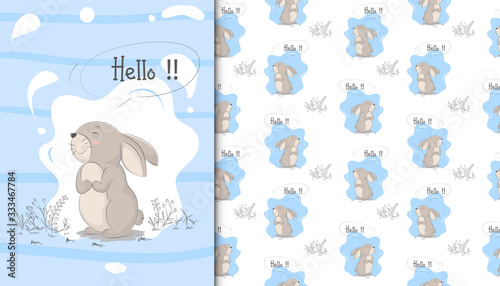Greeting card of rabbit and baby pattern in the white backdrop
