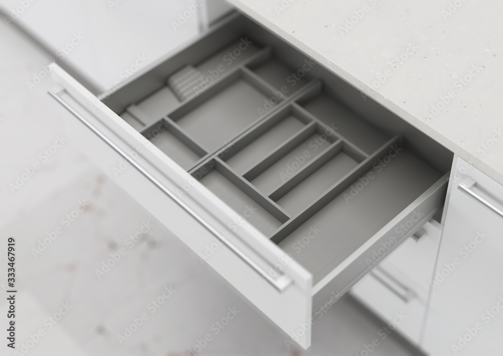 Open kitchen drawer with cooking utensils. Storage and organization of the kitchen. 3d rendering. Open kitchen drawer with cooking utensils. Storage and organization of the kitchen. 3d rendering.
