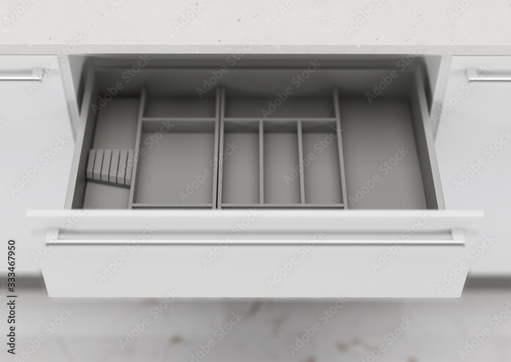 Open kitchen drawer with cooking utensils. Storage and organization of the kitchen. 3d rendering.