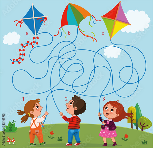Maze game for children contains one boy, two girls and kites in the landscape. Vector illustration. 