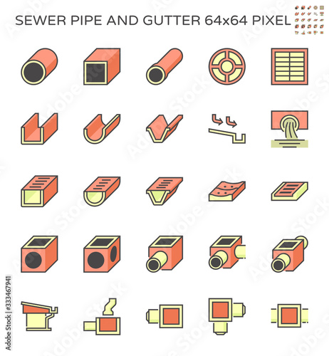 Sewer pipe and gutter vector icon set design, 64x64  pixel perfect and editable stroke.