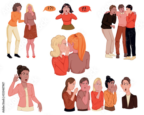 People gossiping set. People whispering a secret to each other. Surprised, excited, stunned, sharing unexpected news, holding hand near ear trying to listen. Communication concept. Vector illustration