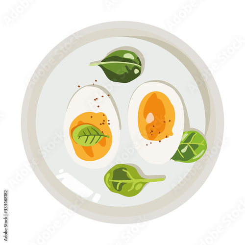 Boiled egg halves with spinach and spice on the rounded plate. Vector illustration isolated on a white background.