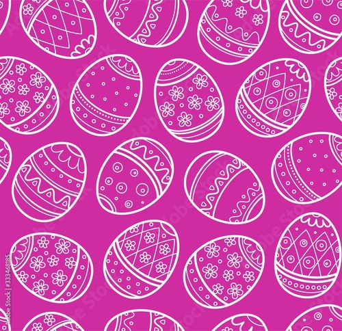 Easter egg, seamless pattern, monochrome, contour, purple. A thin outline drawing on a purple field. Single-color background. Easter vector pattern. 