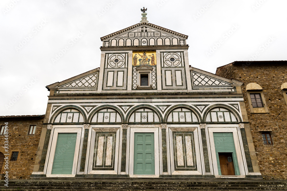 Facade of Basilica of San Miniato al Monte (St. Minias on the Mountain) in Florence, Italy.