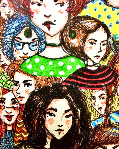 Hand drawn pattern with portraits of many different women