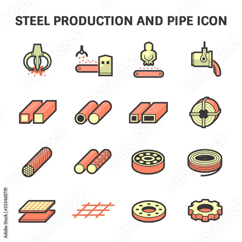 Steel production industry, manufacturing vector icon consist of worker, machine equipment and production line. Include process to casting product of steel, aluminum, iron or stainless i.e. pipe, roll.