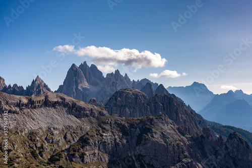 Panoramic view of the Dolomites at sunrise from the three peaks of Lavaredo