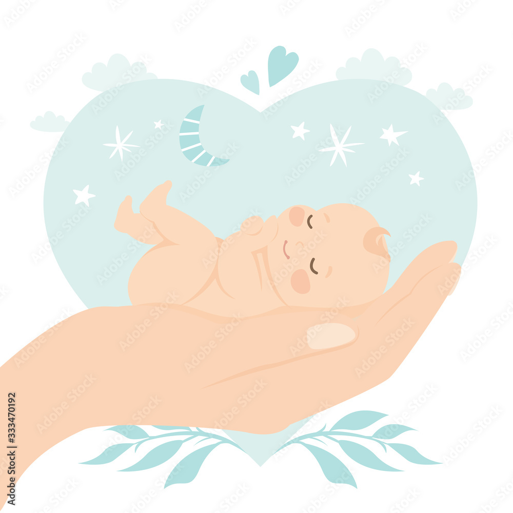 Big hand holding newborn baby. Medical and child care. Insurance ...