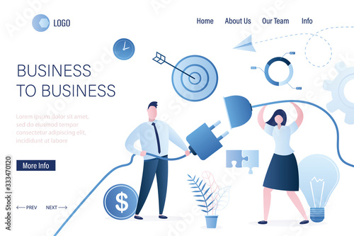 B2b concept landing page template. Business connection. Businesspeople with wires.