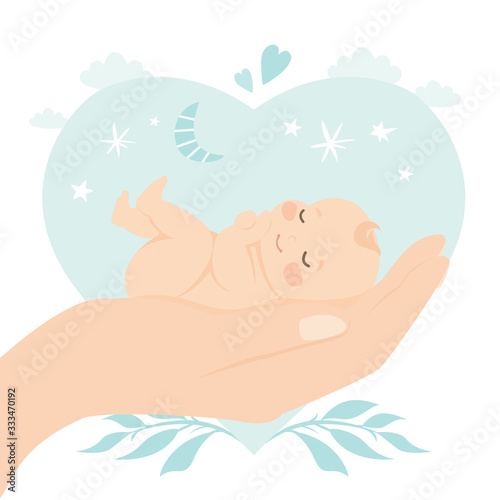 Big hand holding newborn baby. Medical and child care. Insurance concept background. Baby shower card template