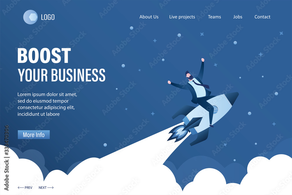 Boost your business landing page template. Successful businessman sitting on spaceship takes off into space.