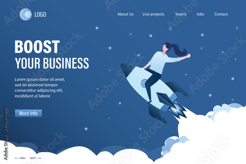 Boost your business landing page template. Spaceship takes off into space. Expansion or optimization,