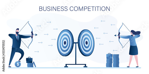 Business competition concept. Cartoon businesspeople aiming targets with bows and arrows. Target marketing banner.