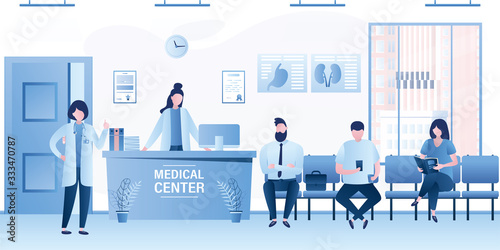 Modern medical clinic reception interior with furniture. Group of people waiting line queue