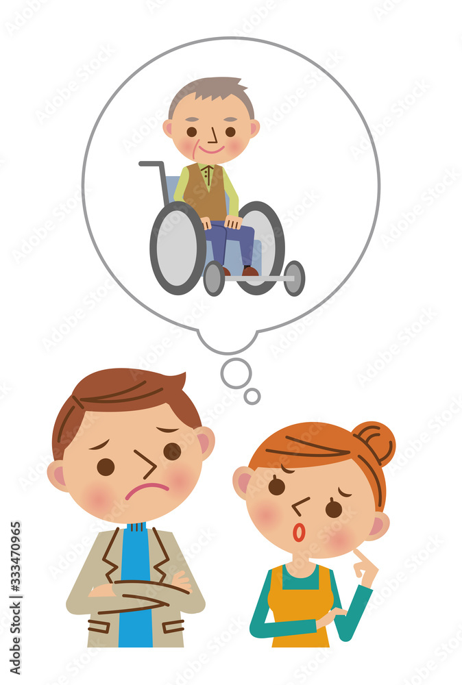 足の不自由な父親の介護について悩む若い夫婦 足の不自由な父親の介護について悩む若い夫婦