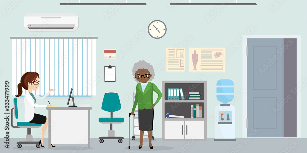Caucaian female doctor and old woman in doctor office room,Medical furniture and equipment,health care banner Caucaian female doctor and old woman in doctor office room,Medical furniture and equipment,health care banner