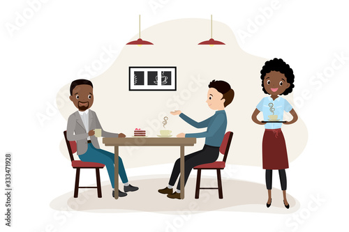 Men sit in a cafe and talk, female waiter with cup of coffee,restaurant or coffee shop interior