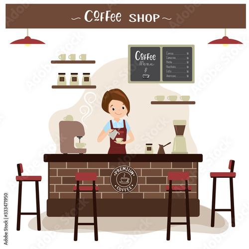 Female barista or waiter at the bar in the cafe,restaurant or coffee shop interior