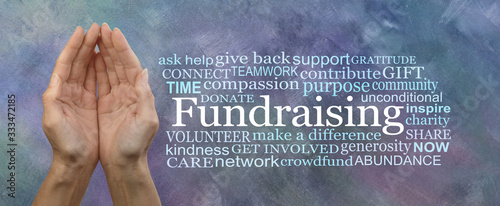 We need your help with our Fundraising Campaign Word Cloud - Female cupped hands beside a FUNDRAISING word cloud on a grey blue oil paint technique background