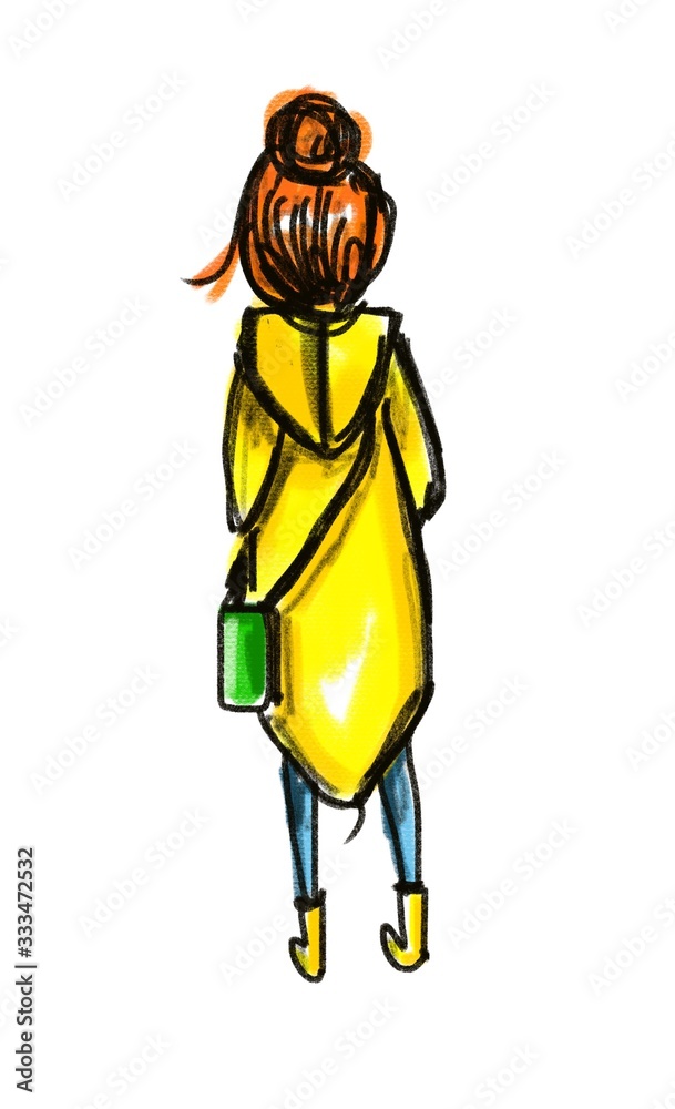 Hand drawn sketch of cartoon character young female standing in cloak Isolated On white Hand drawn sketch of cartoon character young female standing in cloak Isolated On white