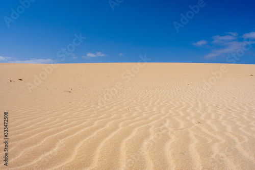 Sand Dunes in Corralejo  Fuerteventura  Canary Islands  Spain. Sand or Desert against Blue sky 