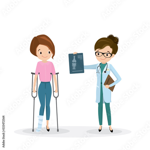 Injured cute female character and doctor with leg x-ray,
