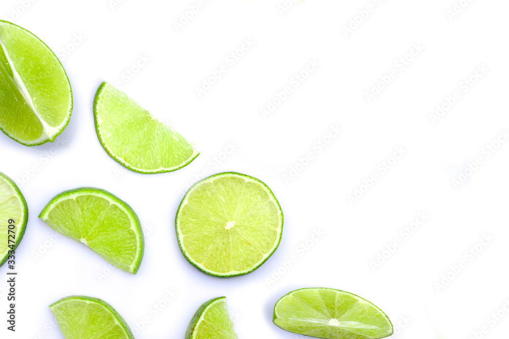  Lime slices isolated on white background. Top view.