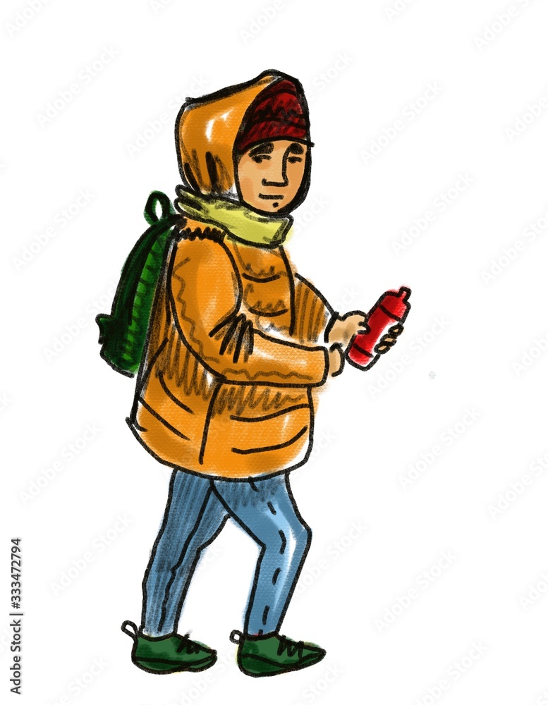 Hand drawn sketch of cartoon character young street artist standing with spray paint Isolated On white Hand drawn sketch of cartoon character young street artist standing with spray paint Isolated On white