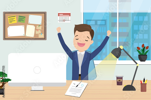 Modern office interior with furniture,happy caucasian businessman or clerk