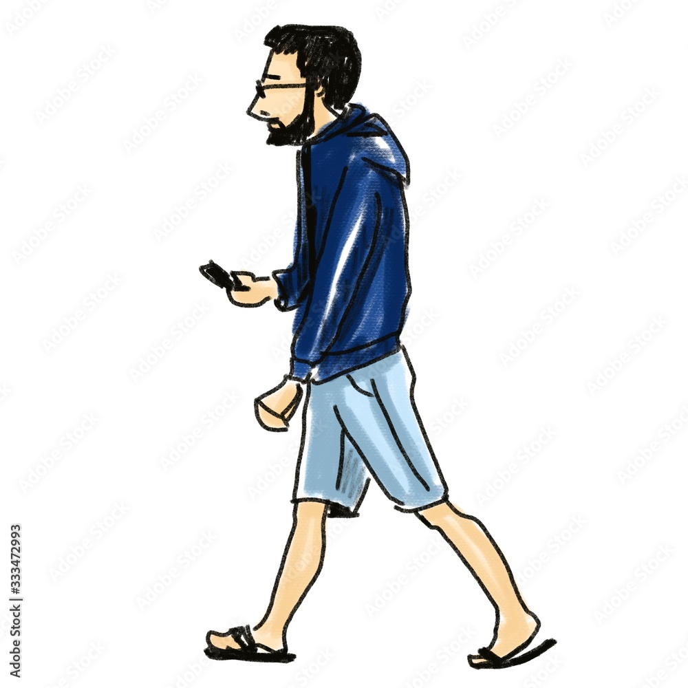 Hand drawn sketch of cartoon character young man walking with phone Isolated On white