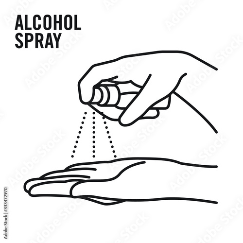 spraying alcohol on hand. alcohol spray. Spraying Anti-Bacterial Sanitizer Spray, Hand Sanitizer Dispenser, infection control concept. Sanitizer to prevent colds, virus, Coronavirus, flu. flat icon.