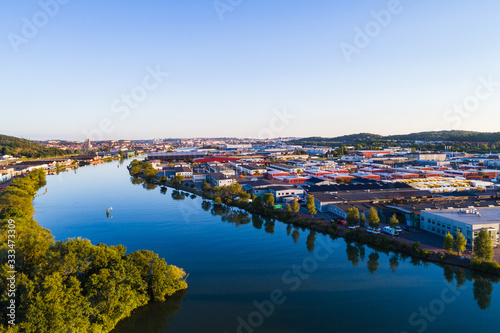 Aerial view of calm river amidst buildings in city of Gothenburg, Sweden.