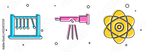 Set Pendulum, Telescope and Atom icon. Vector