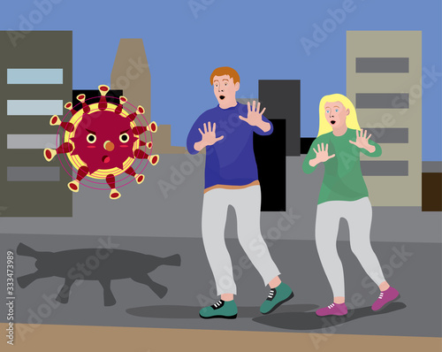 vector illustration of a comic coronavirus attacking a girl and a guy in the city, covid-19, epidemic, infection, fear, fight