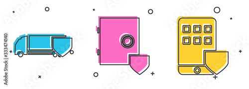 Set Delivery cargo truck with shield, Safe with shield and Smartphone insurance icon. Vector