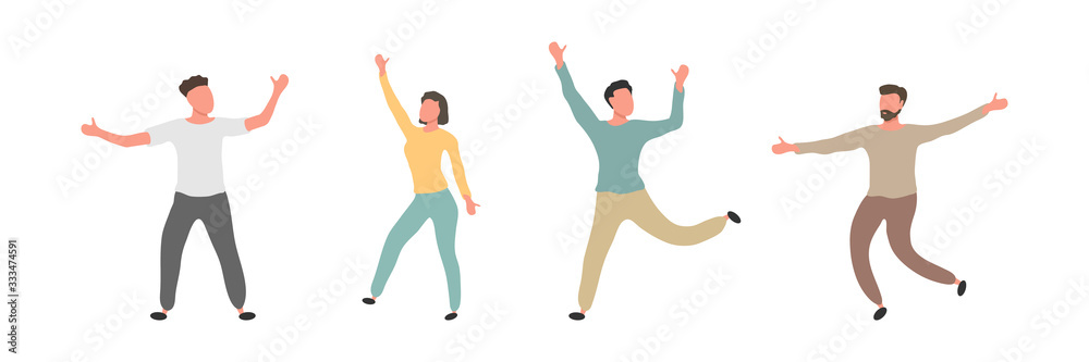 Group of male and female dancers isolated on white background. Happy young men and woman dancing together. Vector cartoon flat people illustration Group of male and female dancers isolated on white background. Happy young men and woman dancing together. Vector cartoon flat people illustration