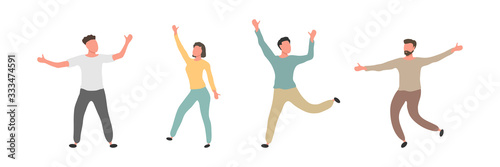 Group of male and female dancers isolated on white background. Happy young men and woman dancing together. Vector cartoon flat people illustration