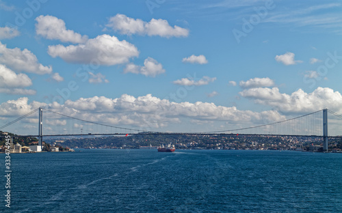 Approaching the Fatih Sultan Mehmet Suspension Bridge crossing the Bosphorus Straits in Istanbul. © Julian