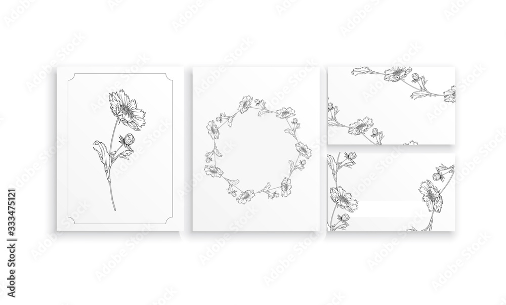 set of cards and business cards with graphic floral arrangements with with chamomile flowers