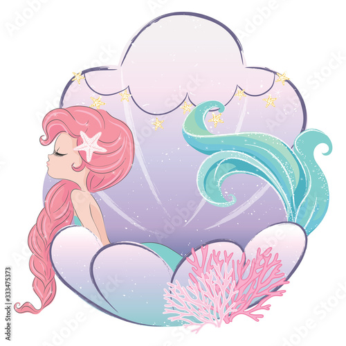 Little cute mermaid with fishes and seashells. Book illustration, fashion artworks, t shirt graphics.