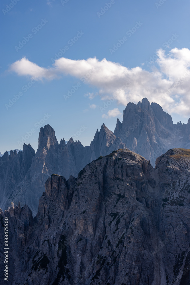 Panoramic view of the Dolomites at sunrise from the three peaks of Lavaredo