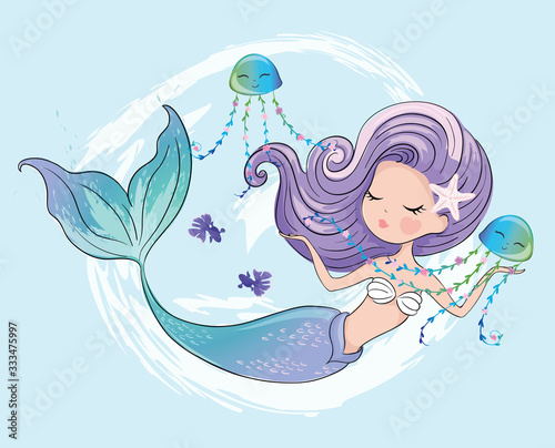 Little cute mermaid with fishes and seashells. Book illustration, fashion artworks, t shirt graphics.