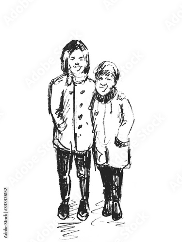 Hand drawn sketch of happy grandmother and granddaughter standing and smiling isolated on white © Мария Шаламова