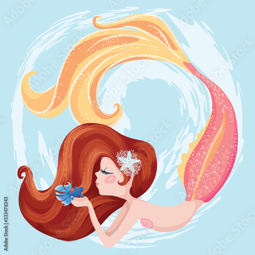 Little cute mermaid with fishes and seashells. Book illustration, fashion artworks, t shirt graphics.