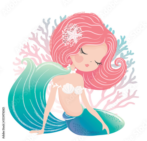 Obraz Syrenka  little-cute-mermaid-with-fishes-and-seashells-book-illustration-fashion-artworks-t-shirt-graphics