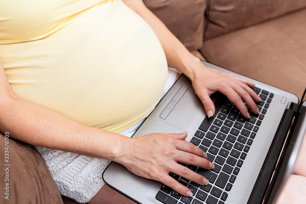 Fototapeta premium Portrait of a beautiful pregnant woman working at home using a computer