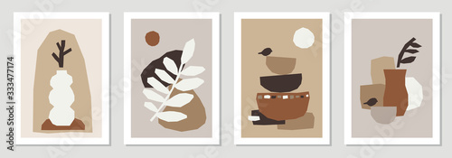 Set of minimal posters with abstract organic shapes composition in trendy contemporary collage style